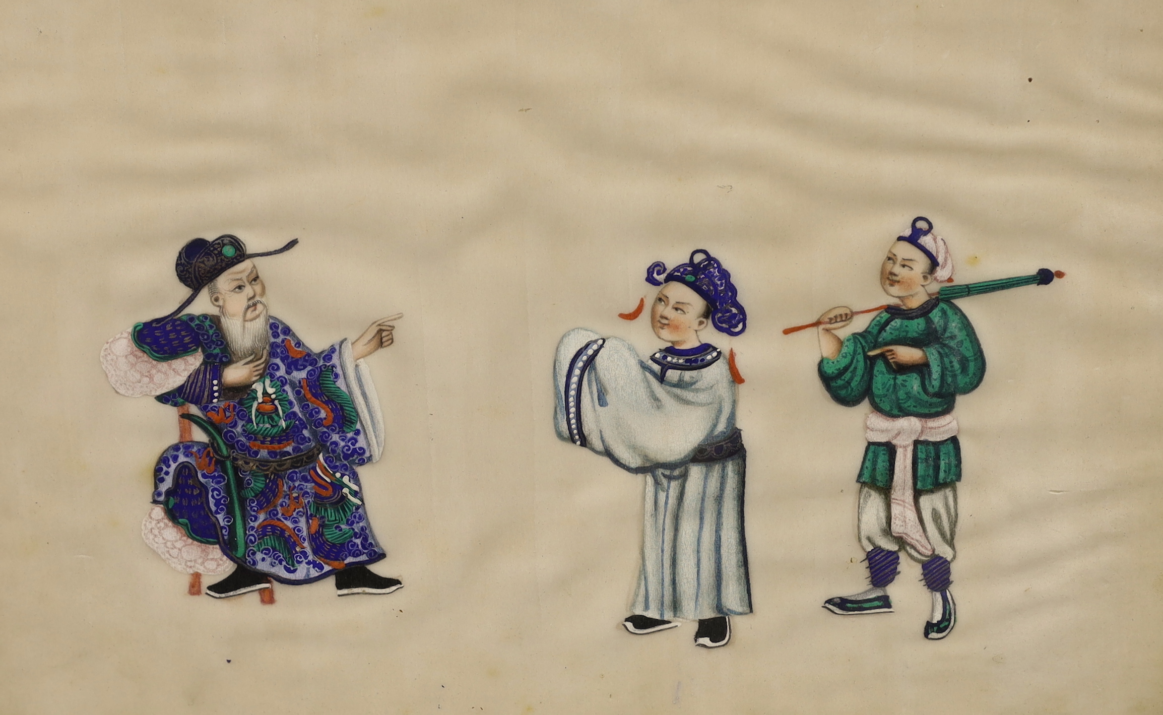 Chinese School, set of four pith paper paintings, Figures and attendants, 17 x 27cm